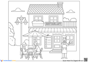 Restaurant Coloring Page with Outdoor Dining and Chef