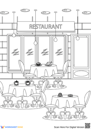 Restaurant Coloring Page with Elegant Tables and Desserts