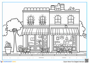 Restaurant Coloring Page with Sidewalk Café and City Street