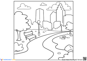 Park Coloring Page with Bench, Path, and City Skyline