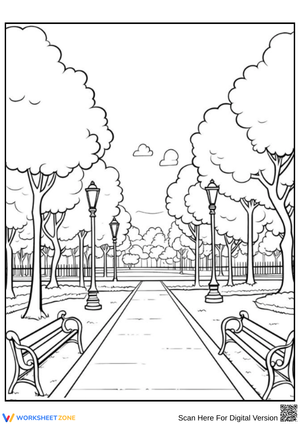 Park Coloring Page with Tree-Lined Path and Benches