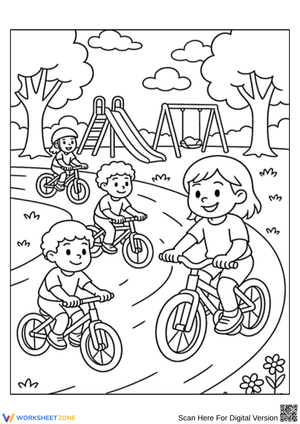 Park Coloring Page with Kids Riding Bikes and Playground