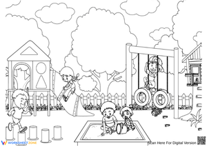 Park Coloring Page with Kids Playing on Swings and Slide