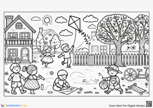 Park Coloring Page with Kids Playing Outdoors Near Trees