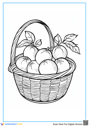 Orange Coloring Page with Woven Fruit Basket and Leaves