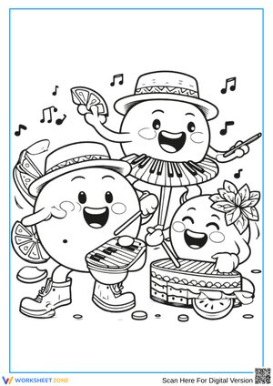 Orange Coloring Page with Musical Fruit Characters