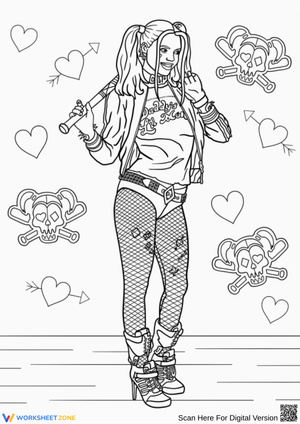 Harley Quinn Coloring Page with Stylish Outfit and Bat