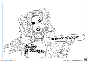Harley Quinn Coloring Page with Baseball Bat Close-Up