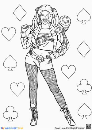 Harley Quinn Coloring Page with Playing Card Symbols
