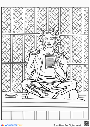 Harley Quinn Coloring Page – Reading in Prison Scene