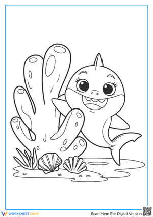 Baby Shark Coloring Page with Coral and Seashells