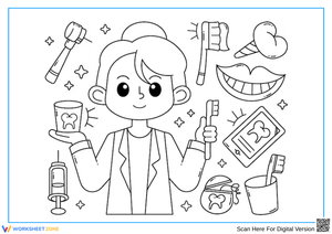 Cartoon Dentist Coloring Page with Dental Tools