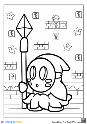 Shy Guy with Spear Coloring Page – Mario-Themed Fun