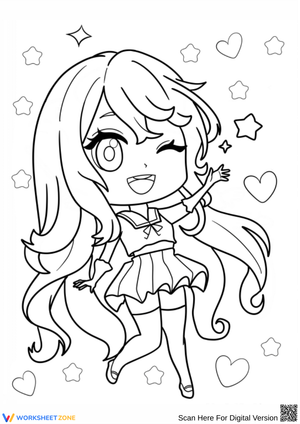Smiling Chibi Girl with Stars Coloring Page
