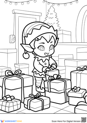 Christmas Chibi Elf with Gifts Coloring Page