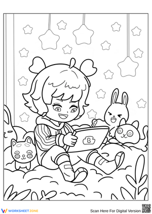 Chibi Boy with Tablet and Animal Friends Coloring Page