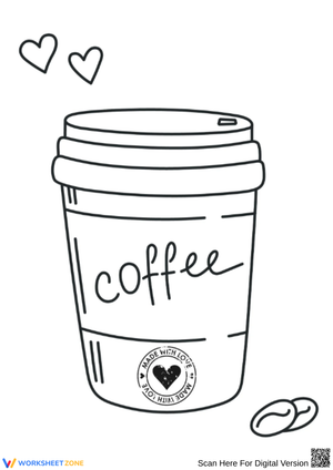 Coffee Cup with Hearts and Beans Coloring Page