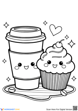 Smiling Coffee and Cupcake Coloring Page
