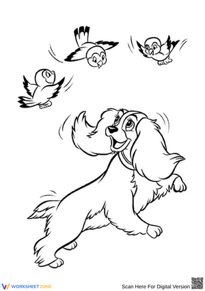 Lady and the Birds Coloring Page – Disney's Elegant Pup in Action