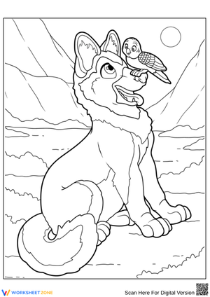 Cute German Shepherd Coloring Page with Bird Friend