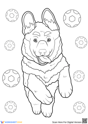 Playful German Shepherd Coloring Page with Soccer Balls
