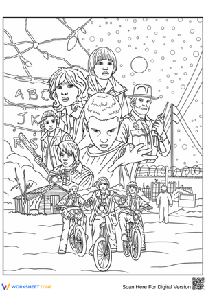 Stranger Things Coloring Page with Eleven and Full Cast
