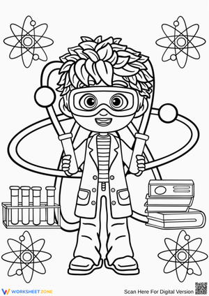 Fun Scientist Coloring Page with Crazy Hair and Lab Tools