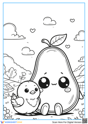 Cute Avocado and Bird Coloring Page for Kids