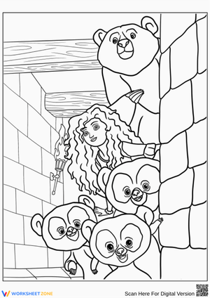 Merida and Bear Cubs in Castle Hallway Coloring Page