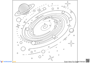 Swirling Galaxy with Planets and Stars Coloring Page
