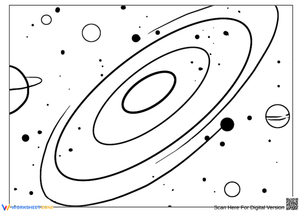 Minimalist Galaxy Coloring Page with Orbital Rings and Planets