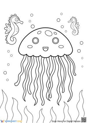 Cute Jellyfish Coloring Page with Seahorses & Ocean Bubbles