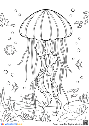 Realistic Jellyfish Coloring Page in Coral Reef Scene