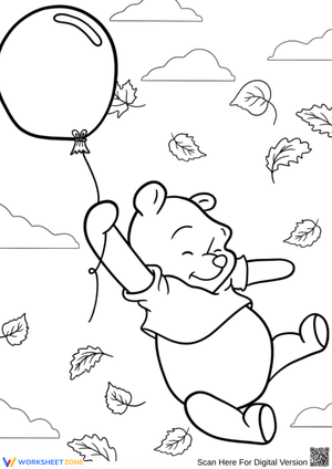 Pooh Bear Floating with Balloon in Autumn Coloring Page