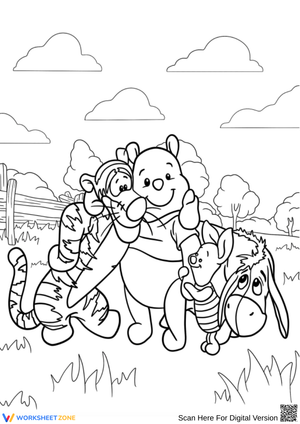 Pooh Bear and Friends Group Hug in the Meadow Coloring Page