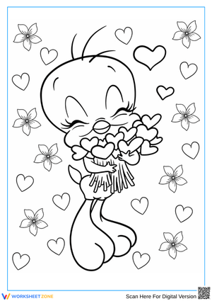 Tweety Holding Heart Bouquet Coloring Page