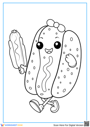 Kawaii Hot Dog Character with Snack Coloring Page