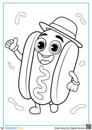 Smiling Hot Dog Character with Hat Coloring Page