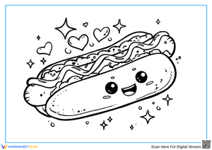 Kawaii Hot Dog Coloring Page with Hearts and Sparkles