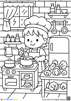 Cozy Kitchen Cooking Coloring Page for Kids