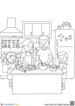 Family Cooking Together Coloring Page for Kids