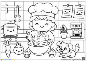 Cute Cartoon Chef Cooking Coloring Page for Kids