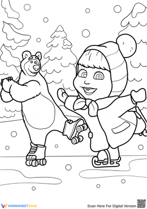 Winter Skating Masha and the Bear Coloring Page