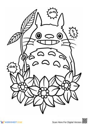 Totoro with Flowers and Leaf Umbrella Coloring Page