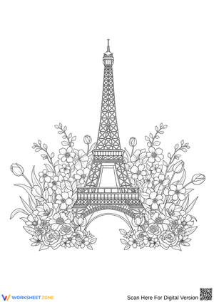 Eiffel Tower with Flowers Adult Coloring Page