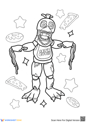 Nightmare Chica Coloring Page with Pizza and Donuts