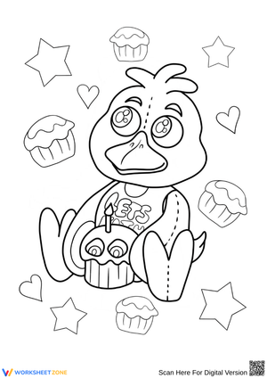 Chibi Chica Coloring Page with Cupcake and Stars