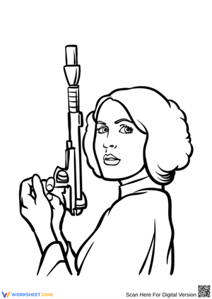 Bold Princess Leia Coloring Page with Blaster in Hand