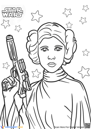 Princess Leia Coloring Page with Starry Background and Blaster