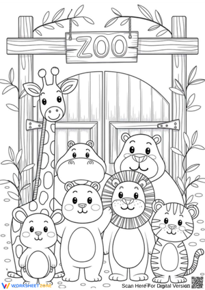 Zoo Entrance with Cute Animals Coloring Page